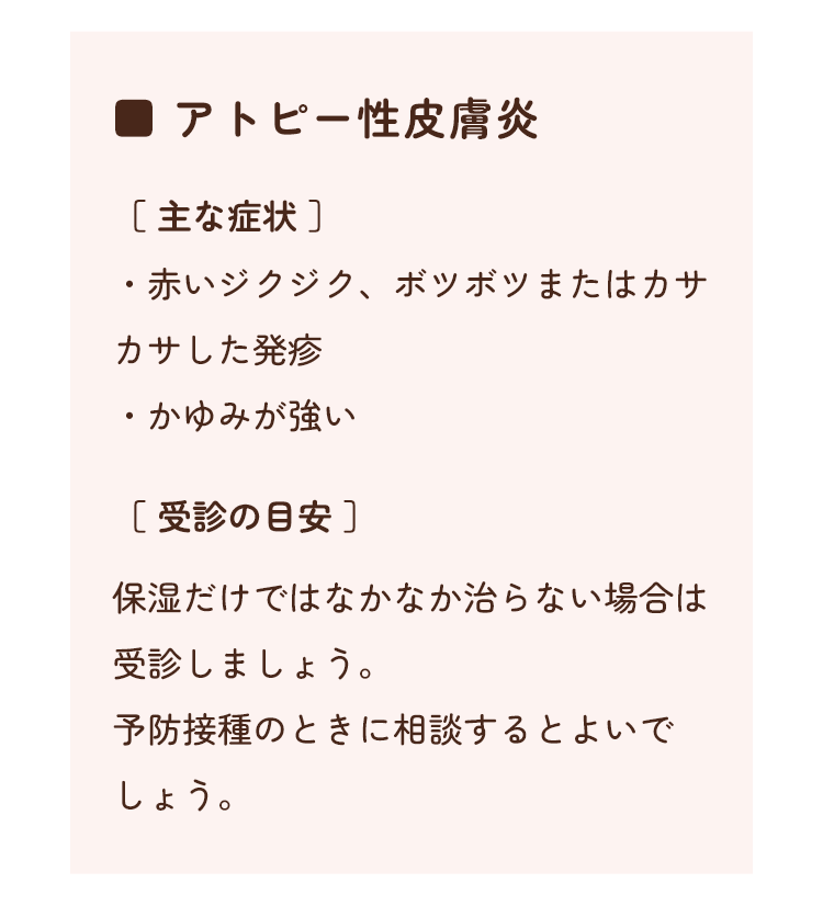 アトピー性皮膚炎　[主な症状]・赤いジクジク、ボツボツまたはカサカサした発疹。・かゆみが強い　[受診の目安]保湿だけではなかなか治らない場合は受診しましょう。予防接種のときに相談するとよいでしょう